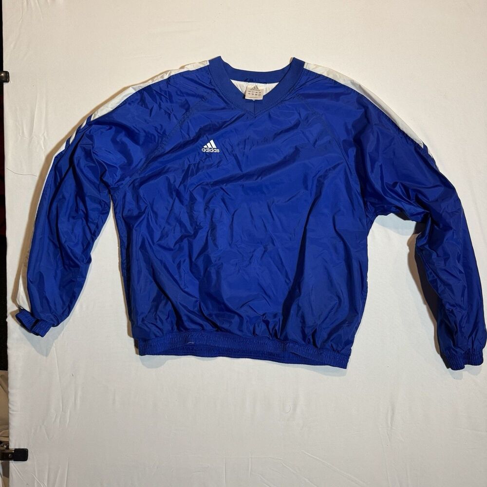Adidas Mens Windbreaker Size L Blue & White 3 Stripes , Long Sleeved Sporty Golf